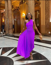 Pleated One-Shoulder Formal Evening Gown