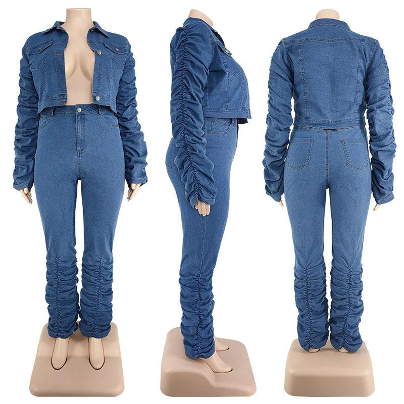 Plus Size Denim Jacket And Jeans Set