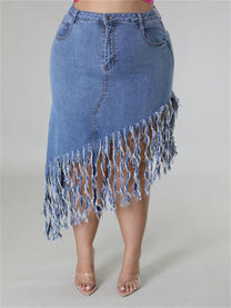 Plus Size Denim Skirt With Tassel Details