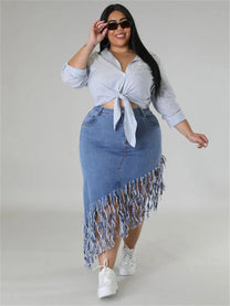 Plus Size Denim Skirt With Tassel Details