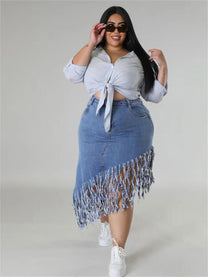 Plus Size Denim Skirt With Tassel Details
