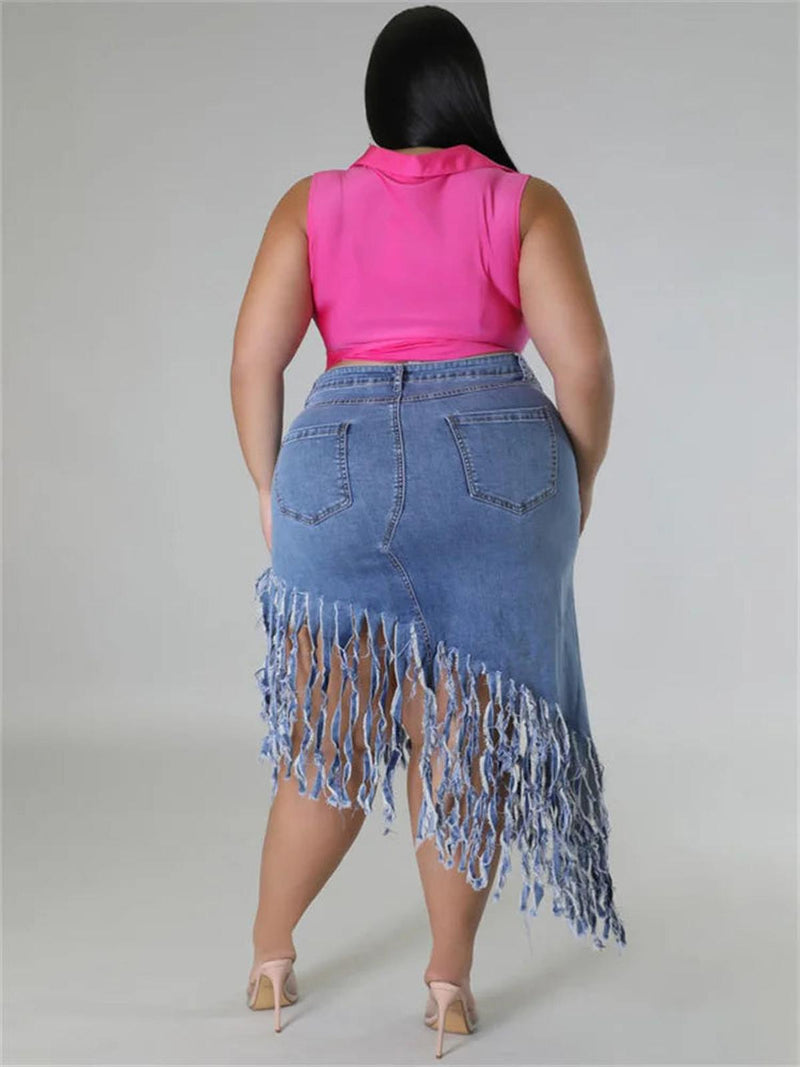 Plus Size Denim Skirt With Tassel Details