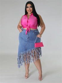 Plus Size Denim Skirt With Tassel Details