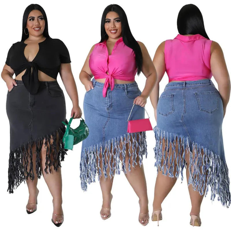 Plus Size Denim Skirt With Tassel Details