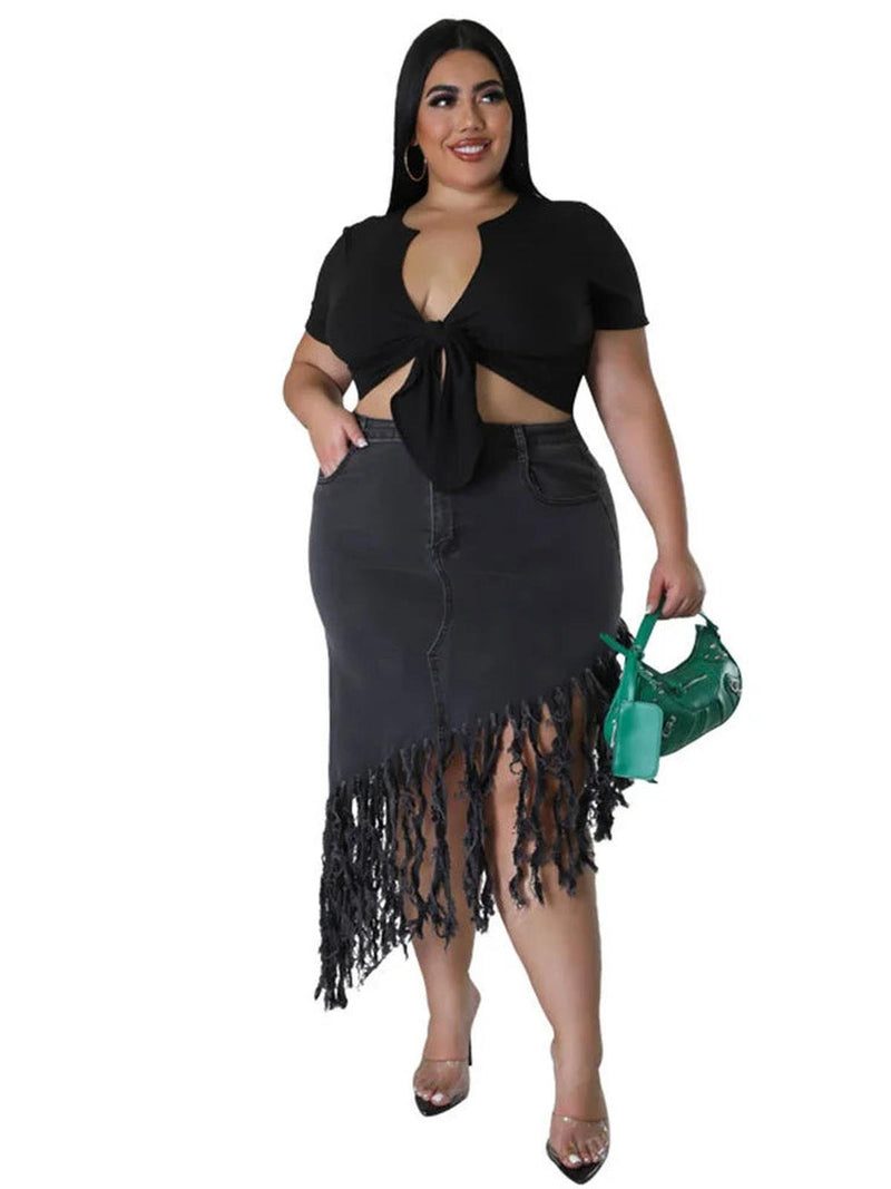 Plus Size Denim Skirt With Tassel Details