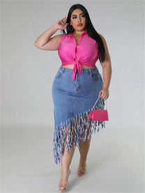 Plus Size Denim Skirt With Tassel Details