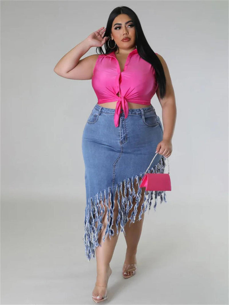 Plus Size Denim Skirt With Tassel Details