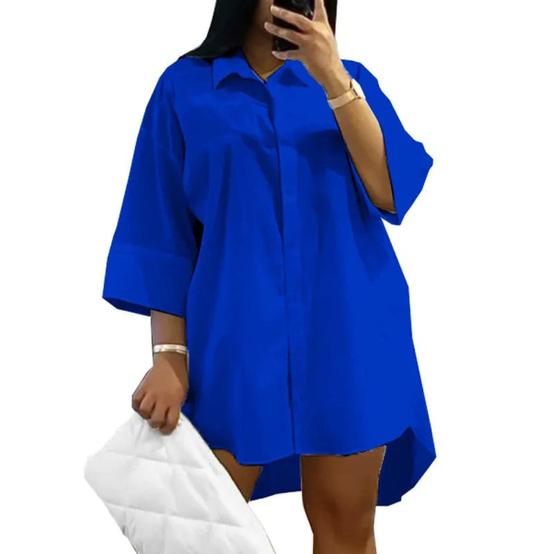 Plus Size Loose Fit Shirt Dress With Turn-Down Collar