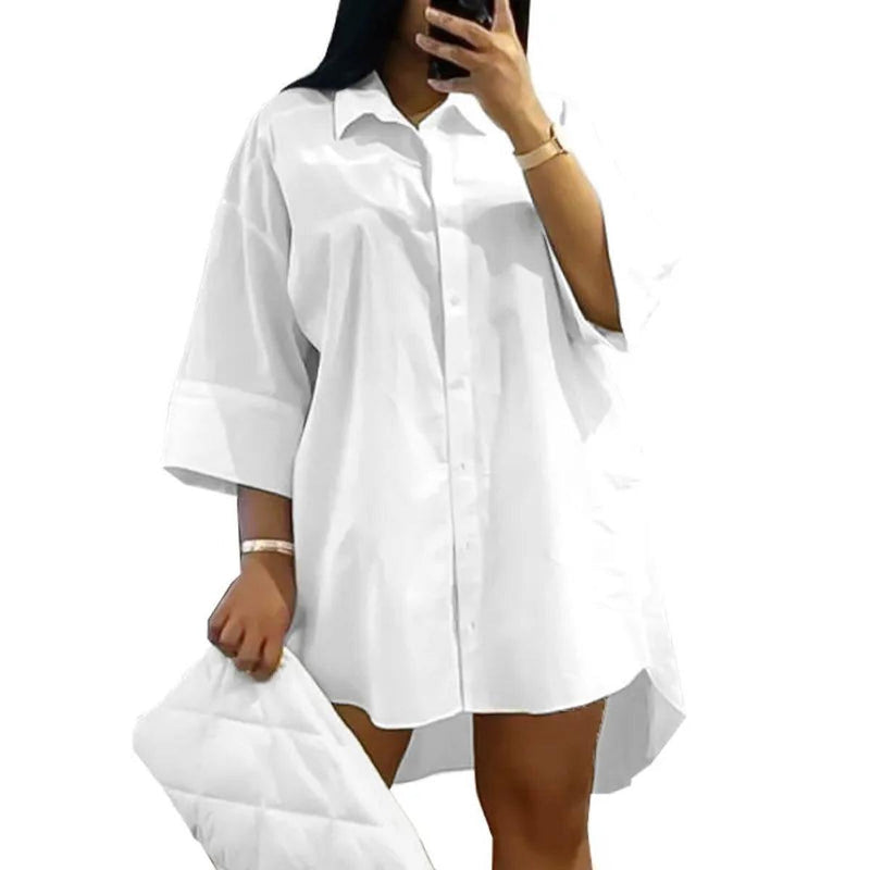 Plus Size Loose Fit Shirt Dress With Turn-Down Collar