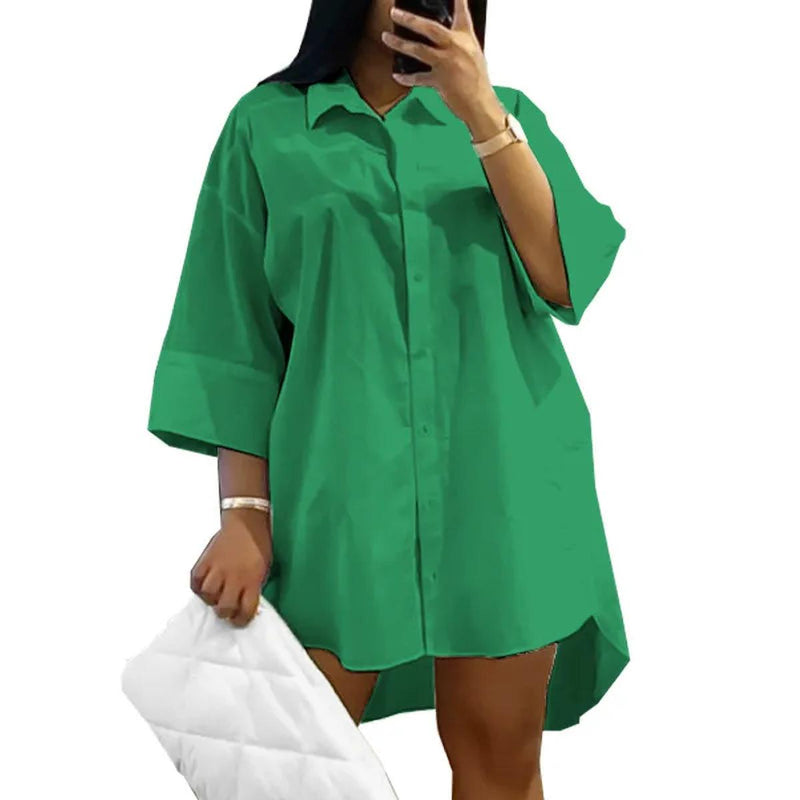 Plus Size Loose Fit Shirt Dress With Turn-Down Collar