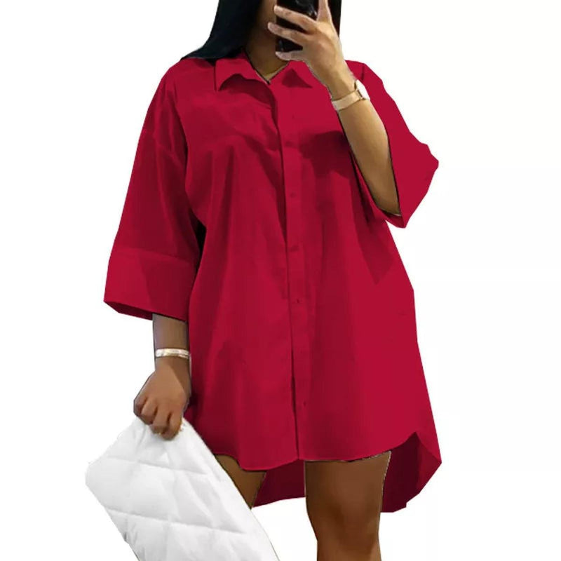Plus Size Loose Fit Shirt Dress With Turn-Down Collar
