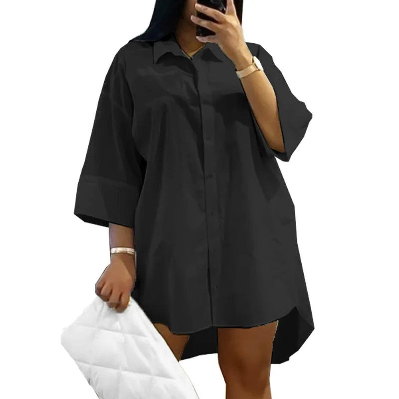 Plus Size Loose Fit Shirt Dress With Turn-Down Collar