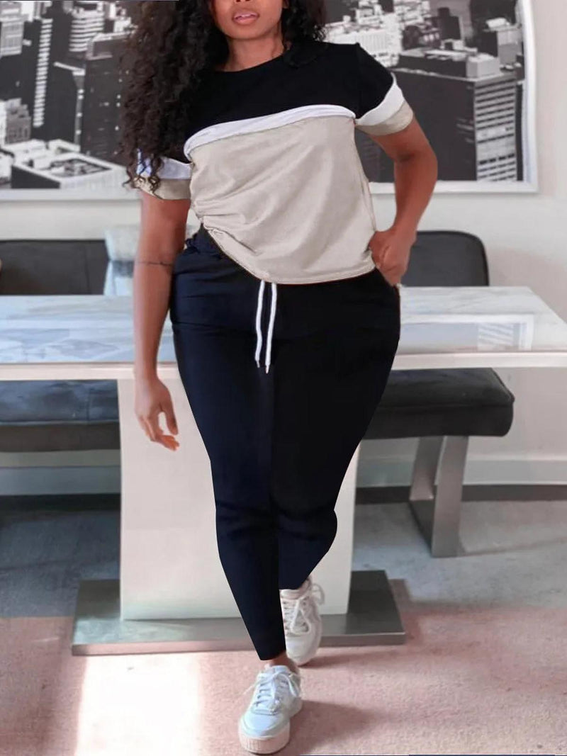 Plus Size Patchwork Pants Set With Drawstring