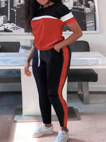 Plus Size Patchwork Pants Set With Drawstring