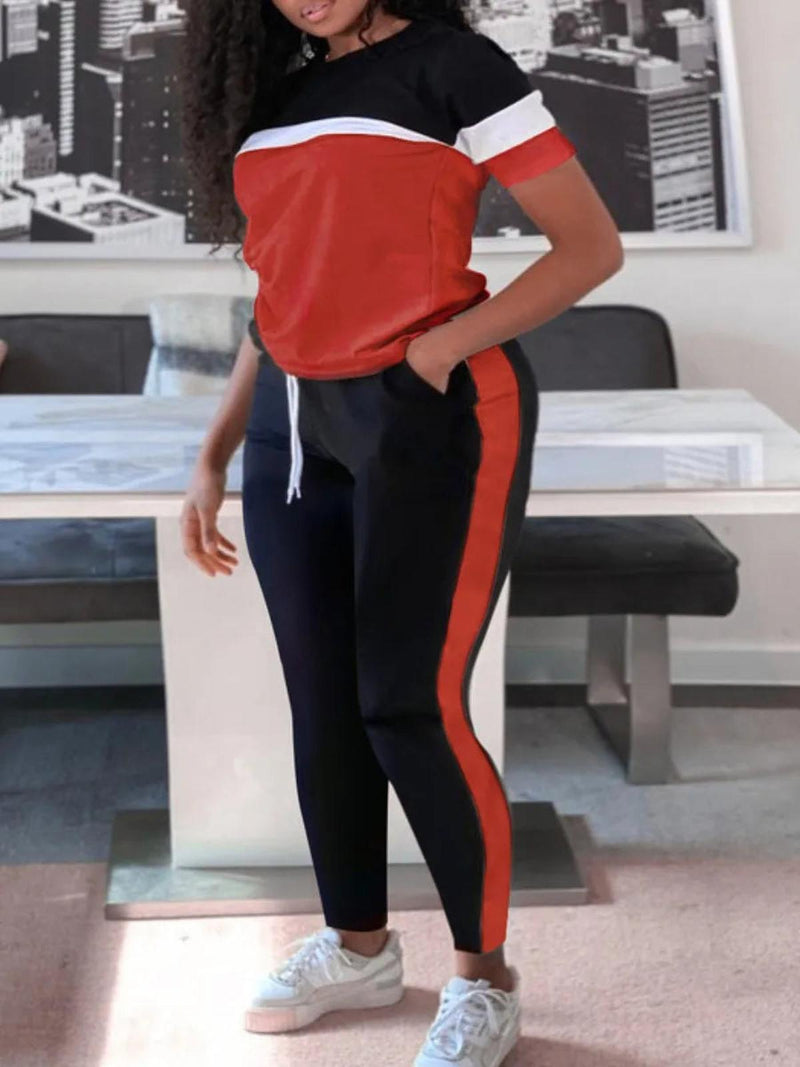 Plus Size Patchwork Pants Set With Drawstring
