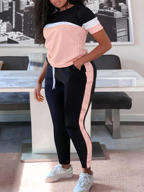 Plus Size Patchwork Pants Set With Drawstring