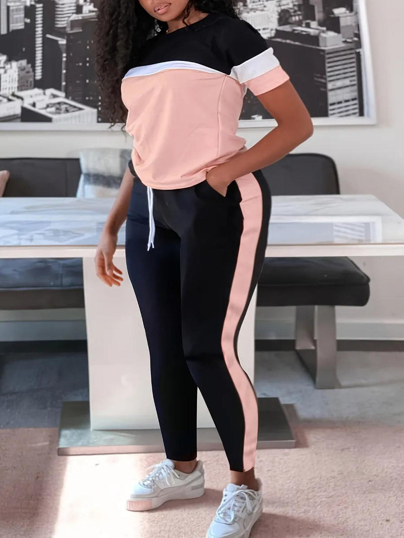 Plus Size Patchwork Pants Set With Drawstring