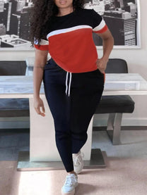 Plus Size Patchwork Pants Set With Drawstring