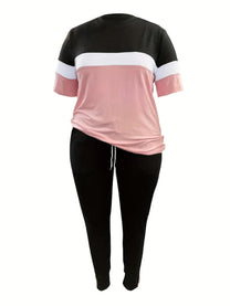 Plus Size Patchwork Pants Set With Drawstring