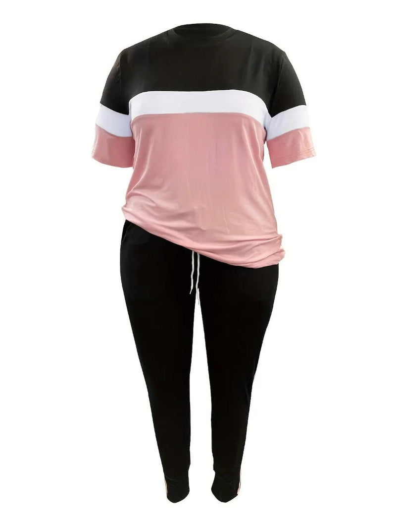 Plus Size Patchwork Pants Set With Drawstring