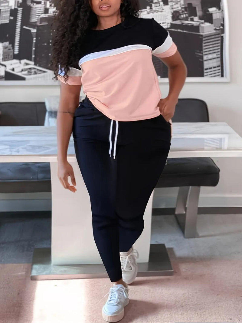 Plus Size Patchwork Pants Set With Drawstring
