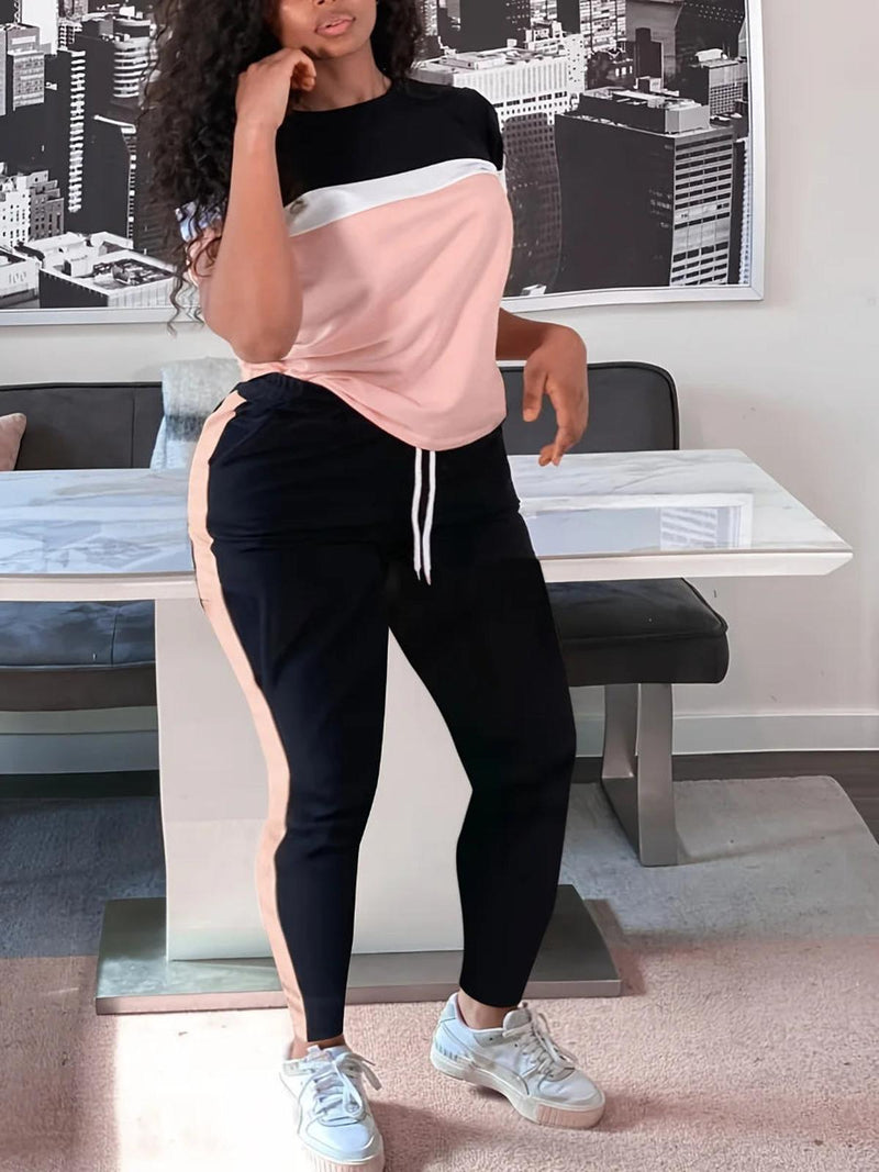 Plus Size Patchwork Pants Set With Drawstring