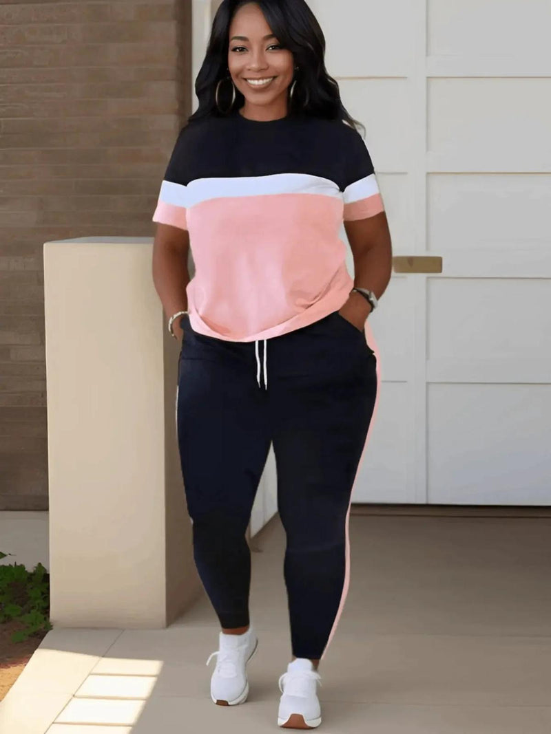 Plus Size Patchwork Pants Set With Drawstring