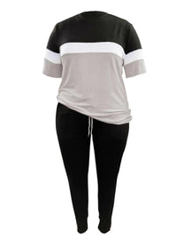 Plus Size Patchwork Pants Set With Drawstring