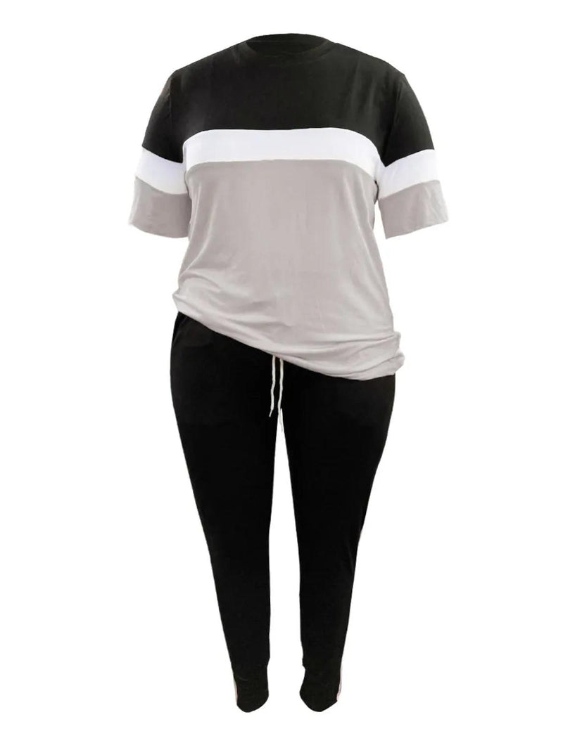 Plus Size Patchwork Pants Set With Drawstring