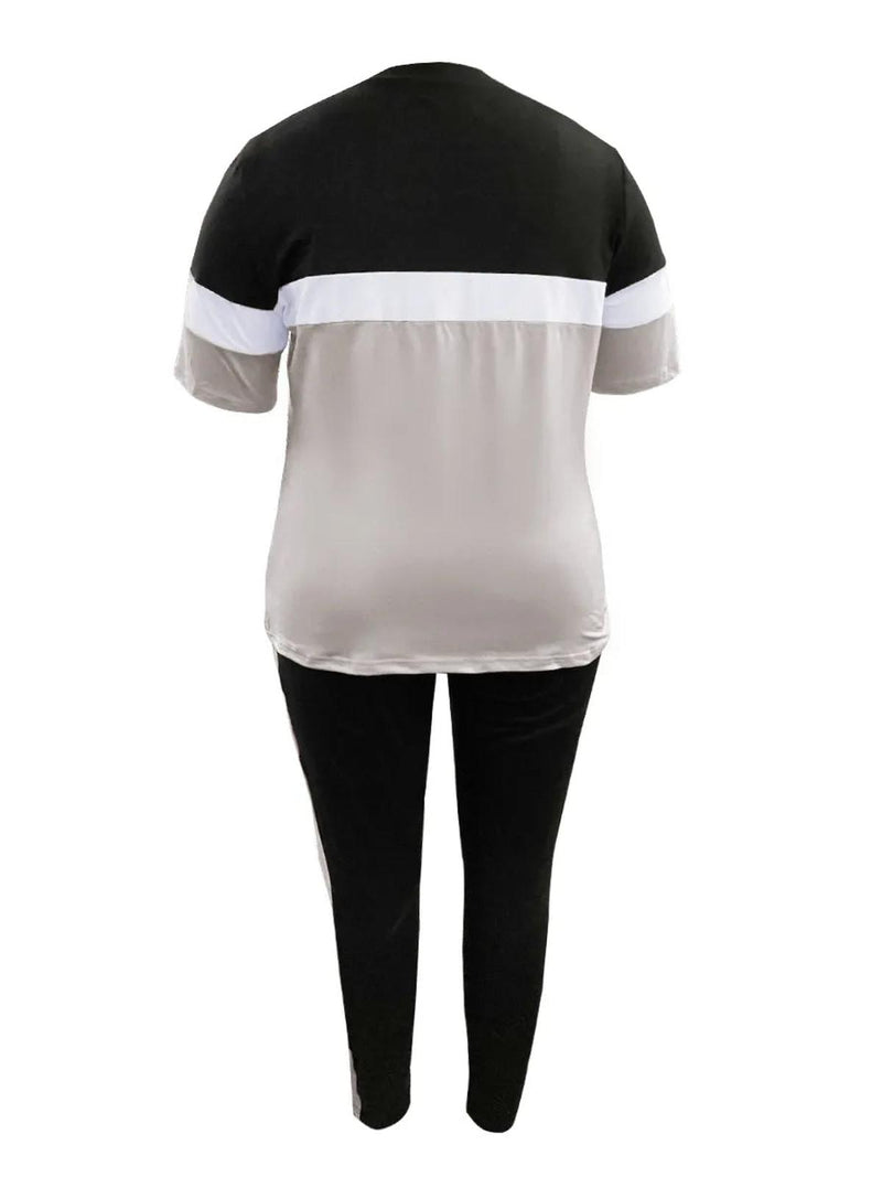 Plus Size Patchwork Pants Set With Drawstring