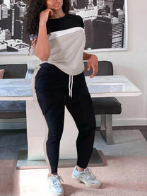 Plus Size Patchwork Pants Set With Drawstring
