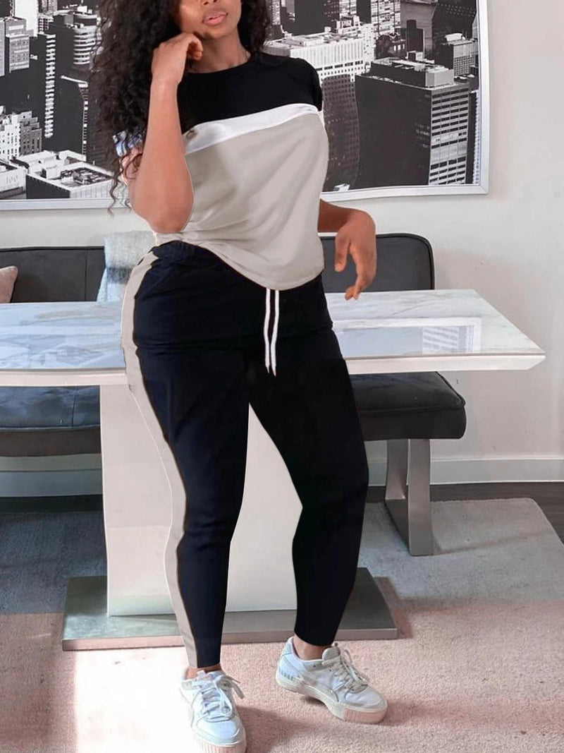 Plus Size Patchwork Pants Set With Drawstring