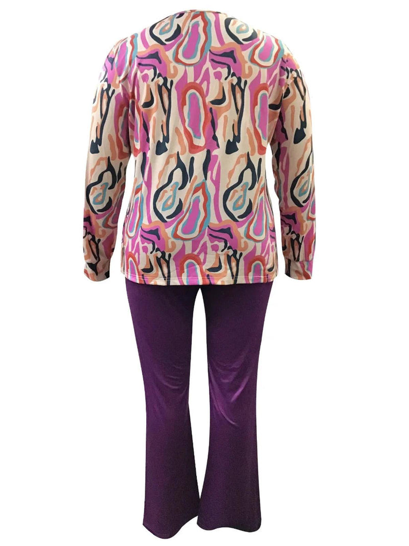Plus Size Printed V-Neck Two-Piece Outfit Set