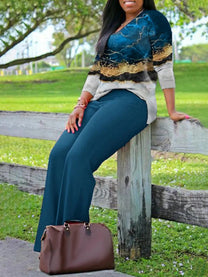 Plus Size Printed V-Neck Two-Piece Outfit Set