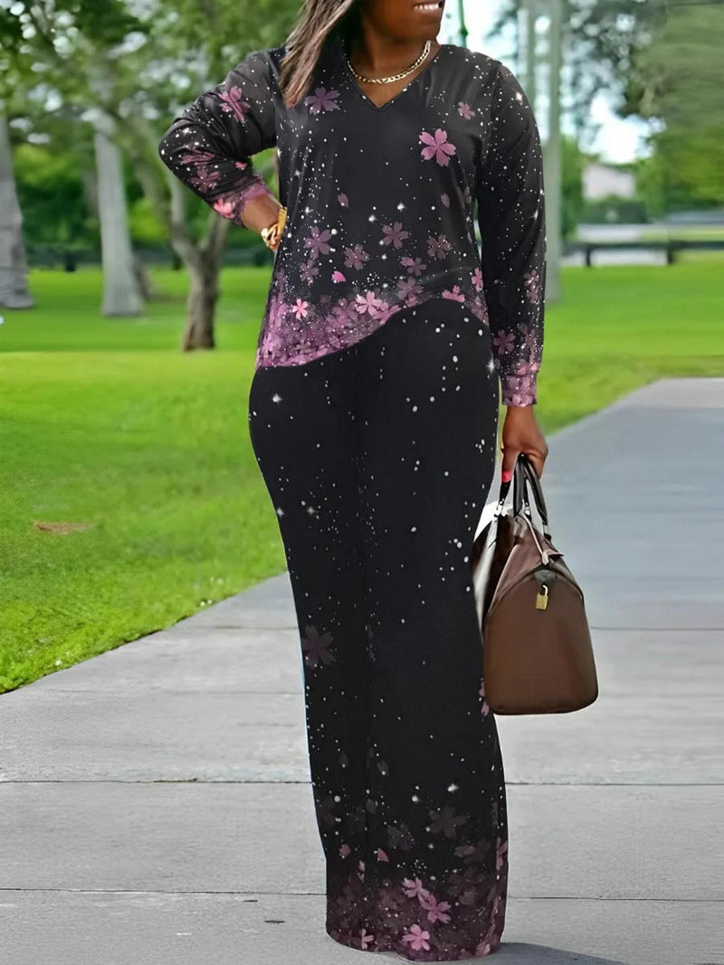 Plus Size Printed V-Neck Two-Piece Outfit Set