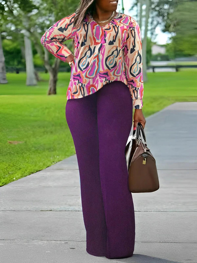 Plus Size Printed V-Neck Two-Piece Outfit Set