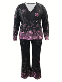 Plus Size Printed V-Neck Two-Piece Outfit Set