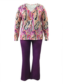Plus Size Printed V-Neck Two-Piece Outfit Set