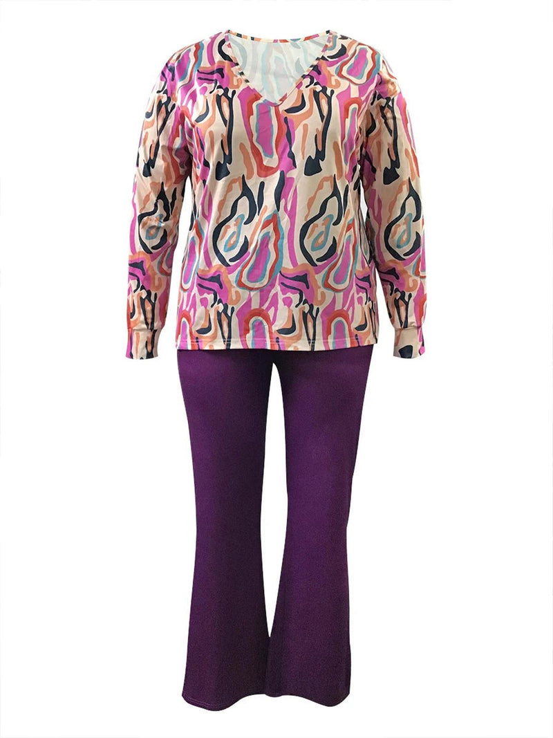 Plus Size Printed V-Neck Two-Piece Outfit Set