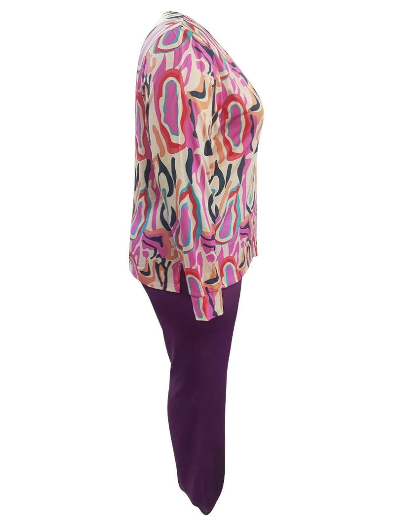 Plus Size Printed V-Neck Two-Piece Outfit Set