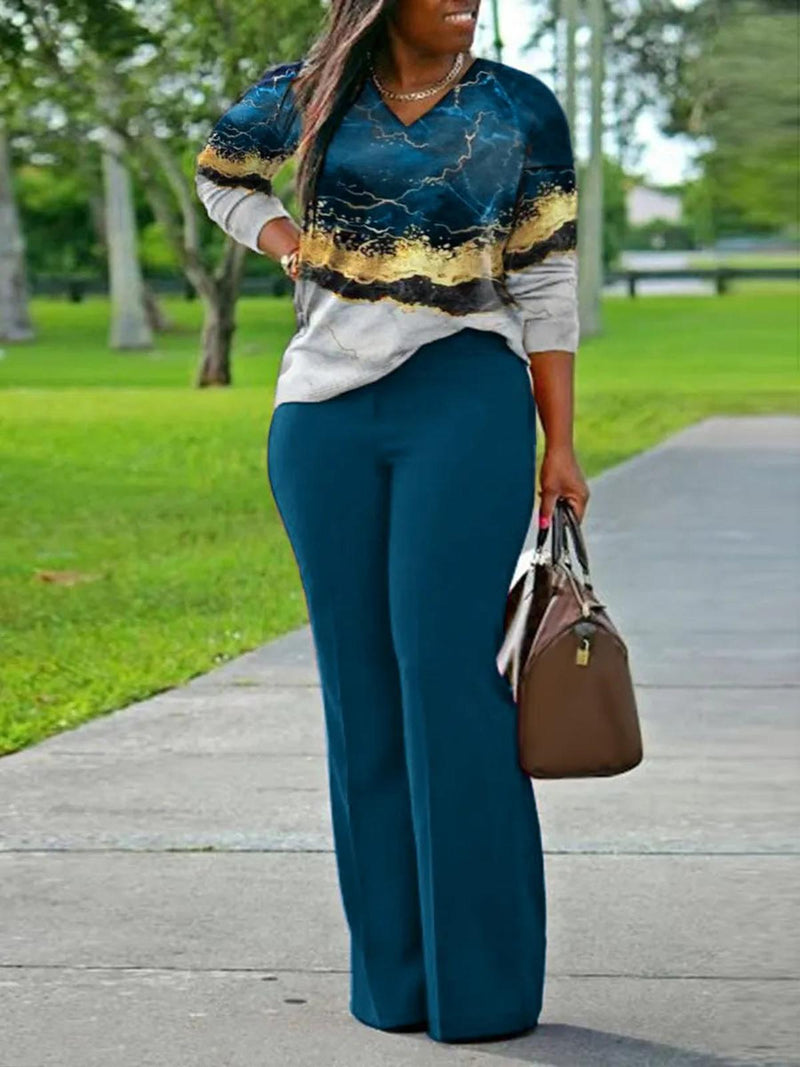 Plus Size Printed V-Neck Two-Piece Outfit Set