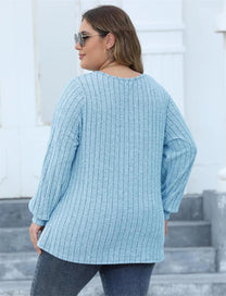 Plus Size Ribbed Knit V-Neck Long Sleeve Top