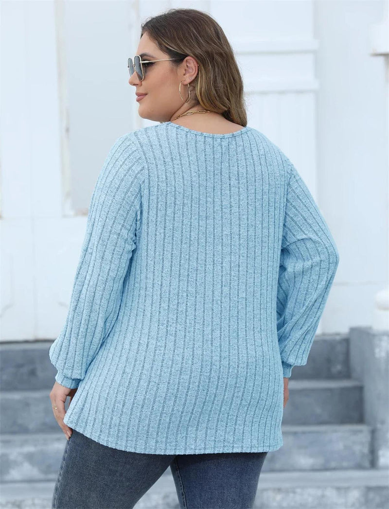 Plus Size Ribbed Knit V-Neck Long Sleeve Top