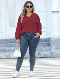 Plus Size Ribbed Knit V-Neck Long Sleeve Top