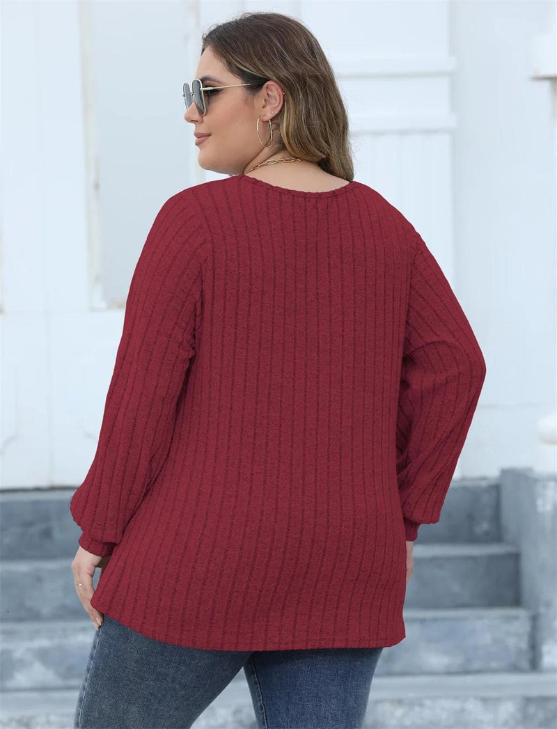 Plus Size Ribbed Knit V-Neck Long Sleeve Top