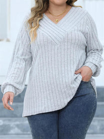 Plus Size Ribbed Knit V-Neck Long Sleeve Top