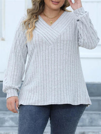 Plus Size Ribbed Knit V-Neck Long Sleeve Top