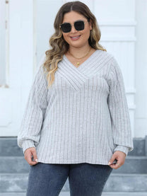 Plus Size Ribbed Knit V-Neck Long Sleeve Top