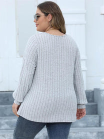 Plus Size Ribbed Knit V-Neck Long Sleeve Top