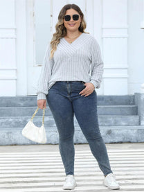 Plus Size Ribbed Knit V-Neck Long Sleeve Top